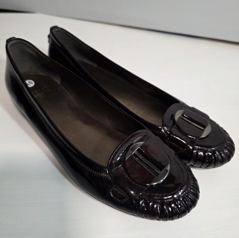 Stuart Weitzman Black Patent Leather Ballet Flats with Buckle Detail
